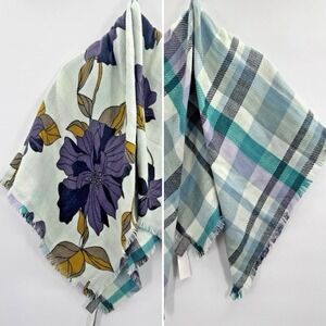 Vince Camuto Reversible Scarf Plaid Floral Seafoam Cottagecore Boho Layers Gift